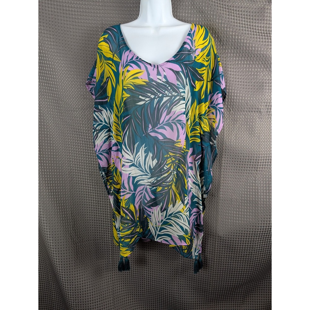 Palisades Beach Club Tropical Caftan Cover Up Tassel Lace Up Back Sheer XS/S